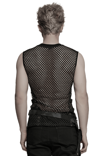 Cyberpunk Mesh Top for Men with Studded Faux Leather Design